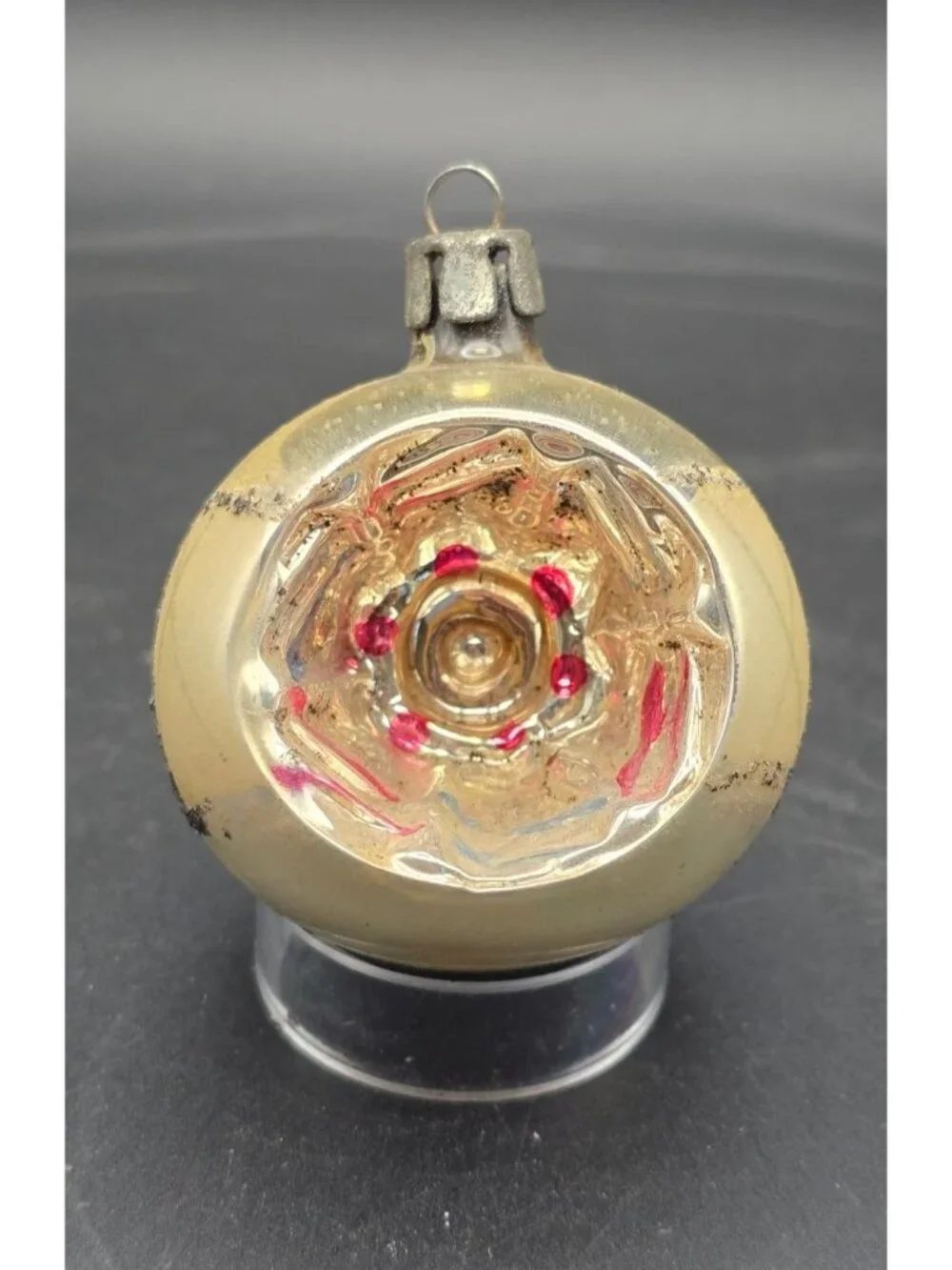 Vintage MCM Mercury Glass Indented Reflector Mica Stripes Christmas Ornament
